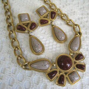 Avon Vintage Desert Sands Statement Necklace And Earrings Gold-Tone Faux Stone